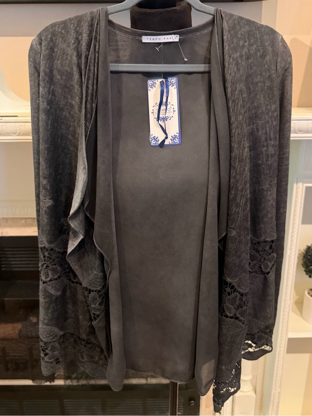 Tempo Paris Charcoal Gray Lace-Trim Draped Cardigan